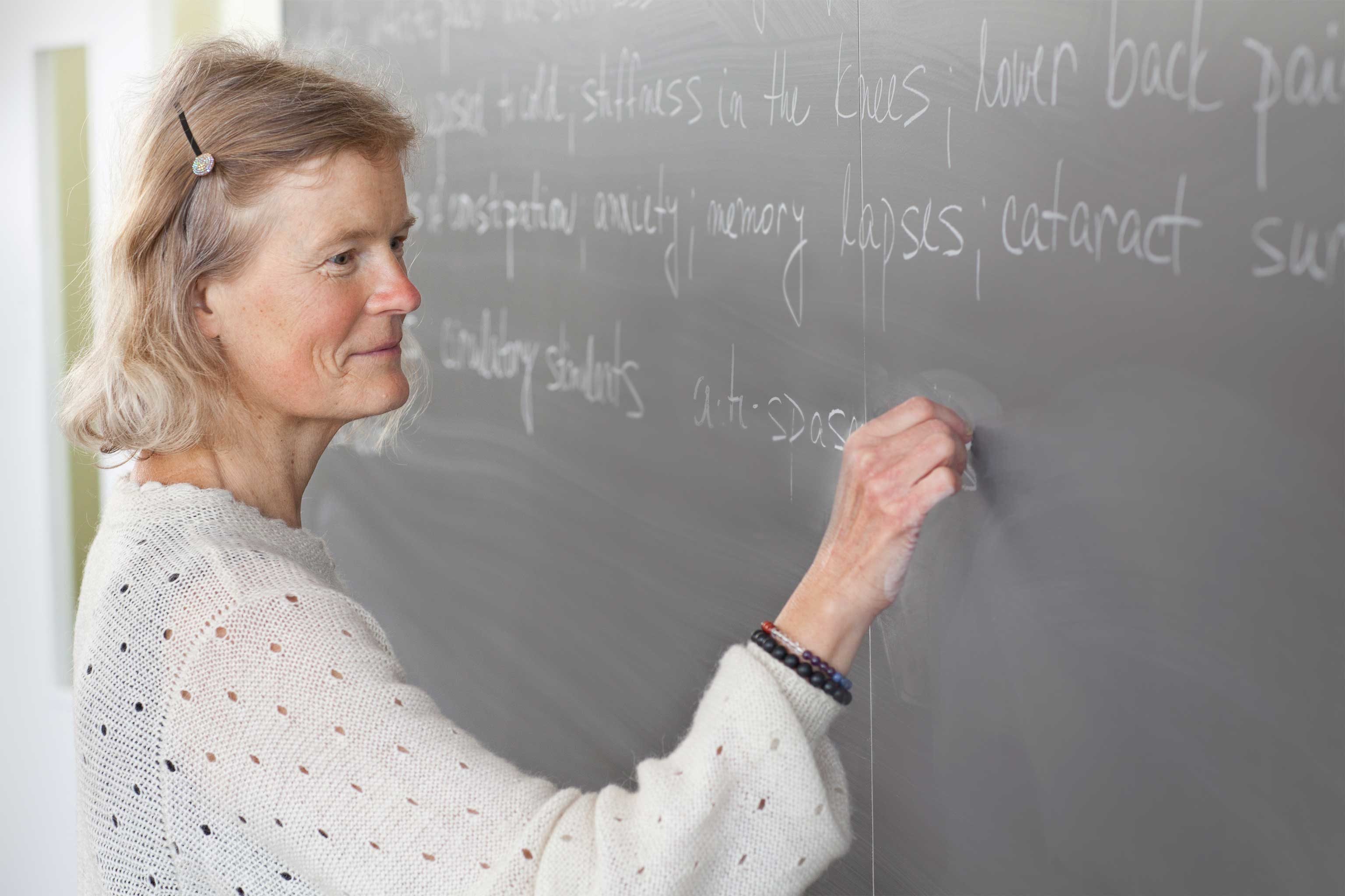 An IHN instructor writing notes on a chalkboard
