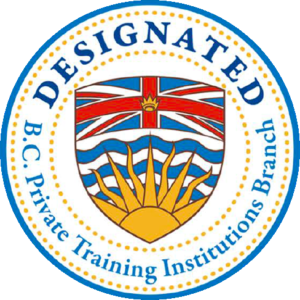 A badge, indicating the Vancouver campus is designated as a BC Private Training Institutions Branch