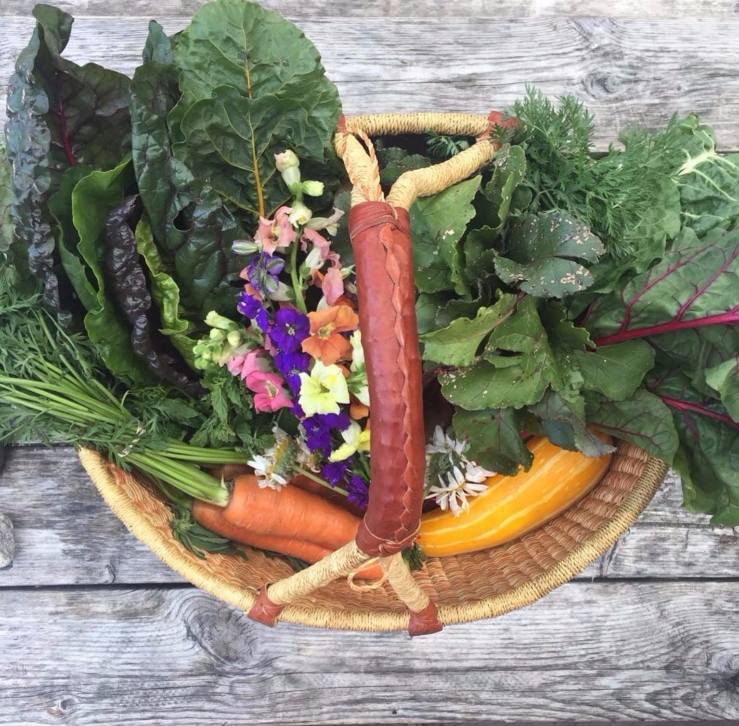 A woven basket full of colourful vegetables, greens and flowers.