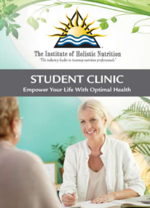 The front of the student clinic brochure, depicting a smiling blonde woman having a consultation with a patient