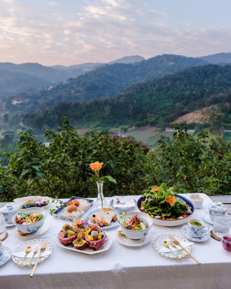 Luxury healthy breakfast table in the mountains