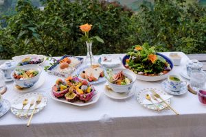 Luxury healthy breakfast table in the mountains