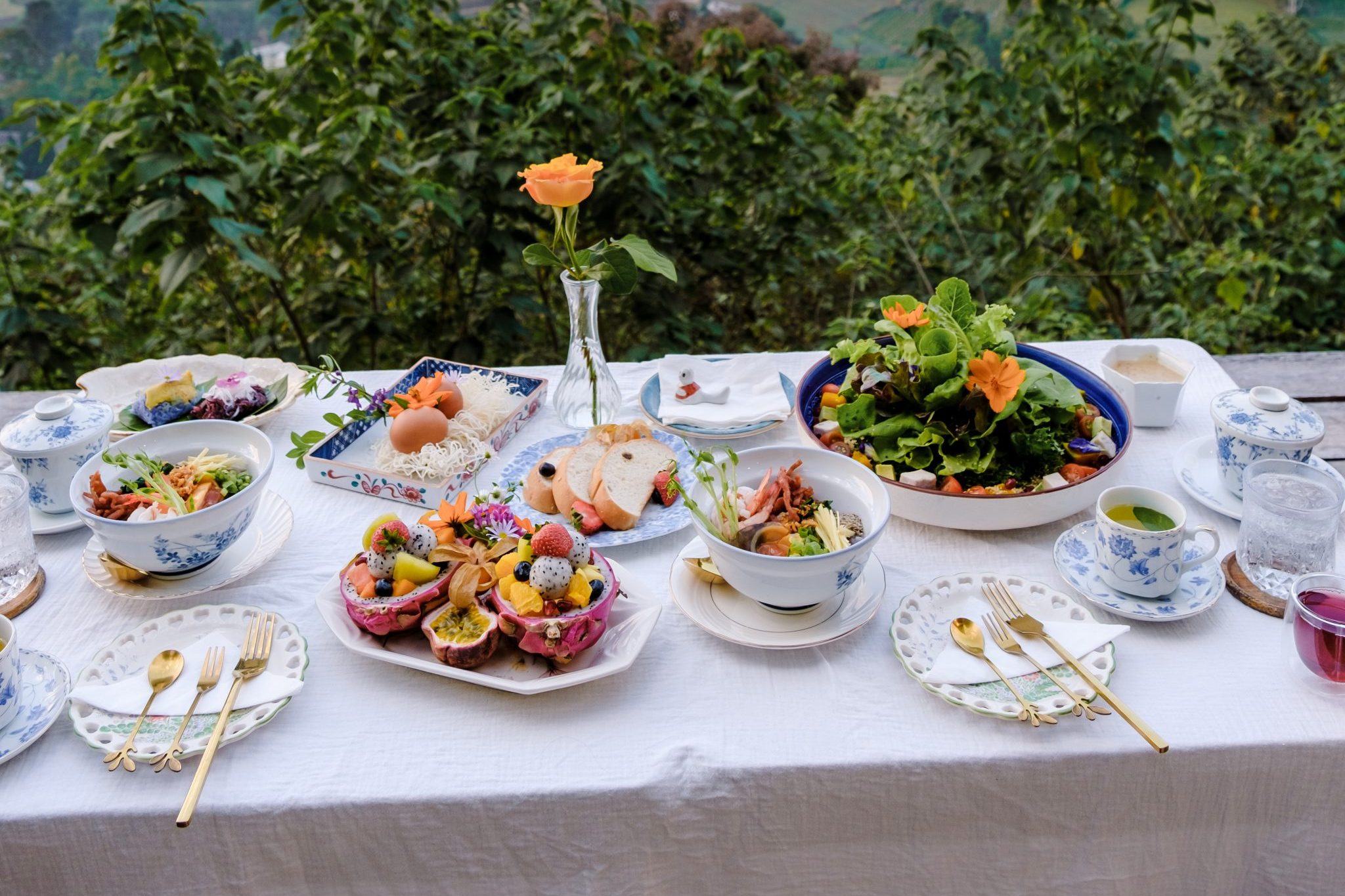 Luxury healthy breakfast table in the mountains