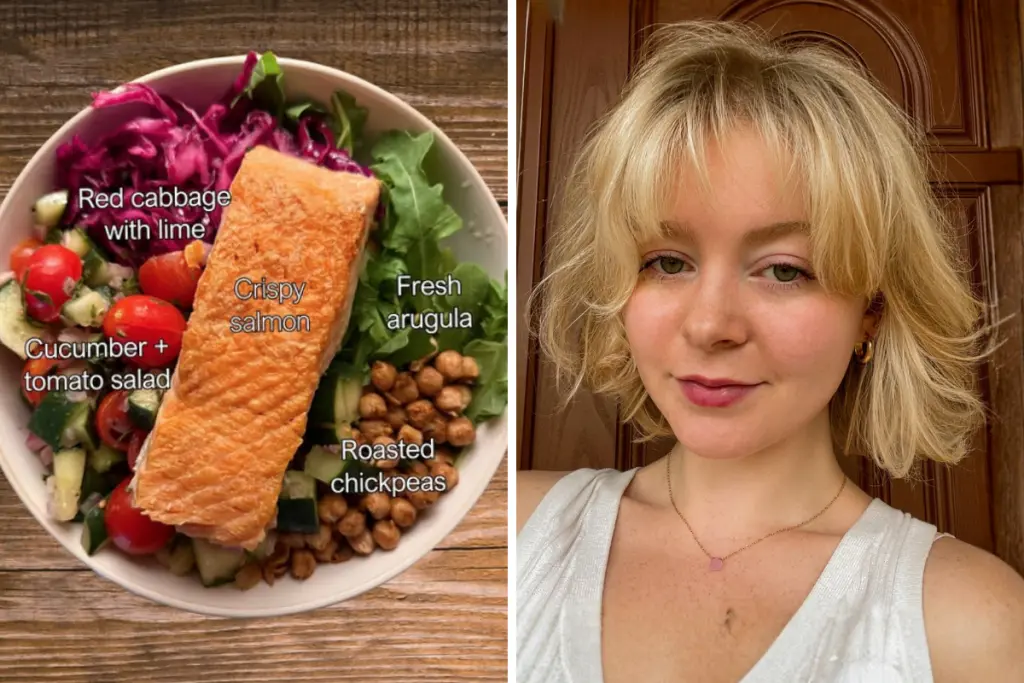 Brooke Hinshaw showcasing a nutrient-dense meal featuring salmon, vegetables, and whole foods