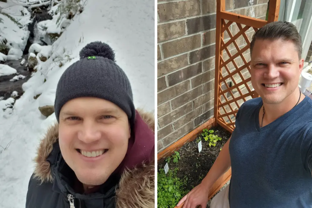 Daniel Semenuk enjoying outdoor wellness activities including winter hiking and growing fresh herbs at home