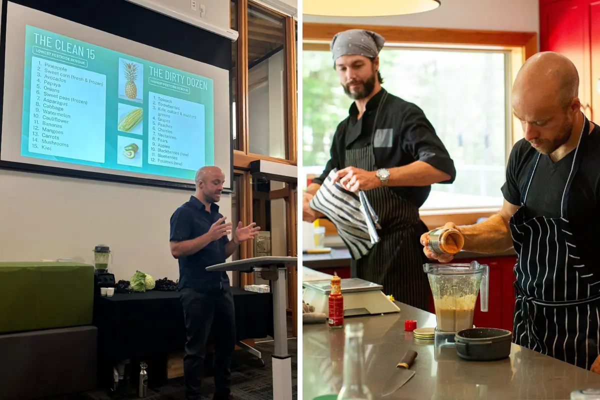 Hugh Flint teaching nutrition education and healthy cooking with fresh local ingredients.