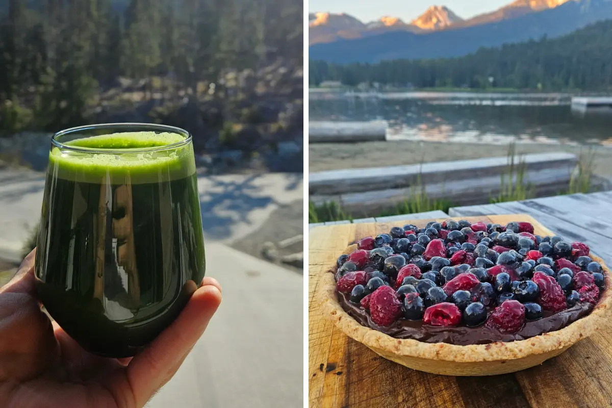 Fresh green juice and homemade berry tart prepared as part of a whole-food nutrition approach.