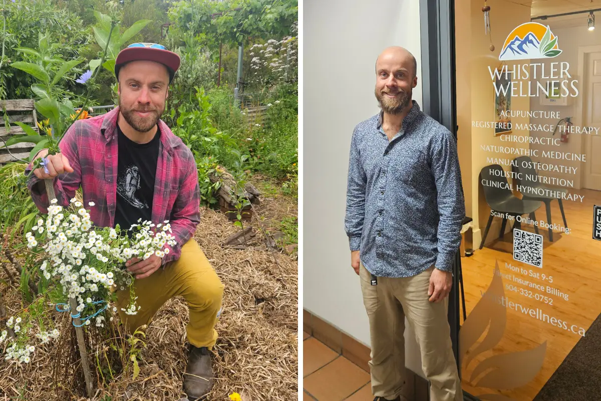 Hugh Flint, holistic nutritionist in Whistler, in an organic garden and outside Whistler Wellness.