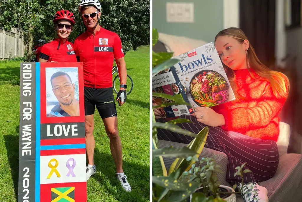 Kathryn McCubbin Sprack taking part in a charity cycling event and relaxing at home while reading a wellness magazine.