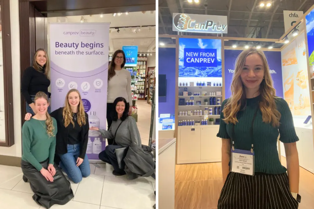 Kathryn McCubbin Sprack attending a CanPrev wellness industry event and posing at the company exhibition booth.