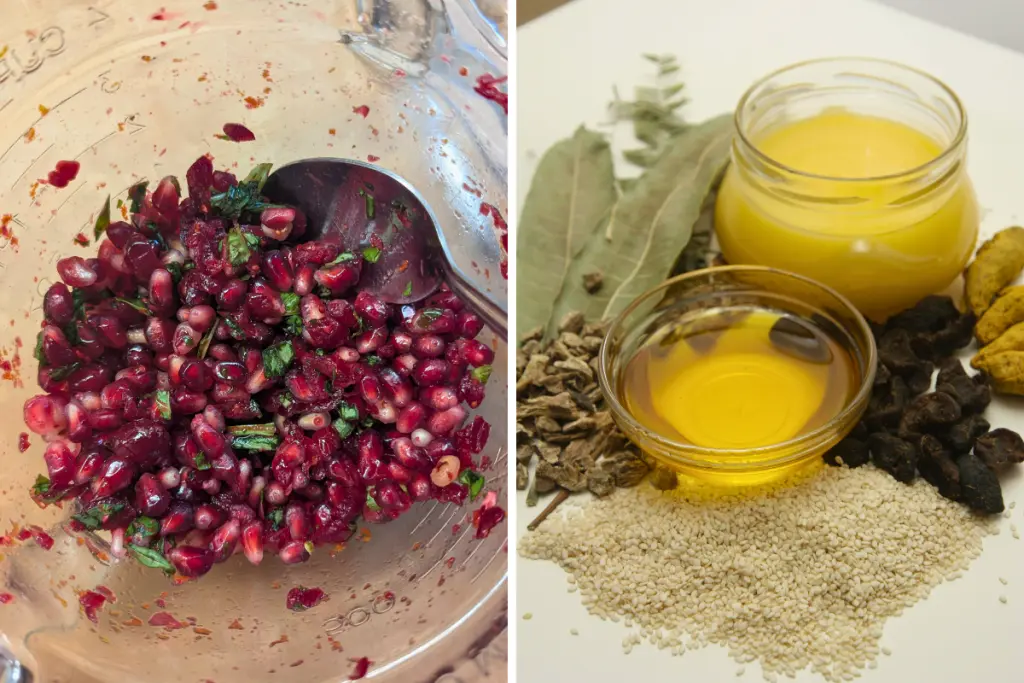 Homemade pomegranate salad and natural wellness ingredients including ghee, sesame seeds, herbs, and spices.