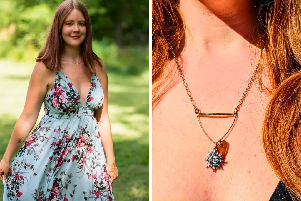 Lyndsay Fraser outdoors wearing a floral dress alongside a close-up of a sun-shaped pendant necklace.