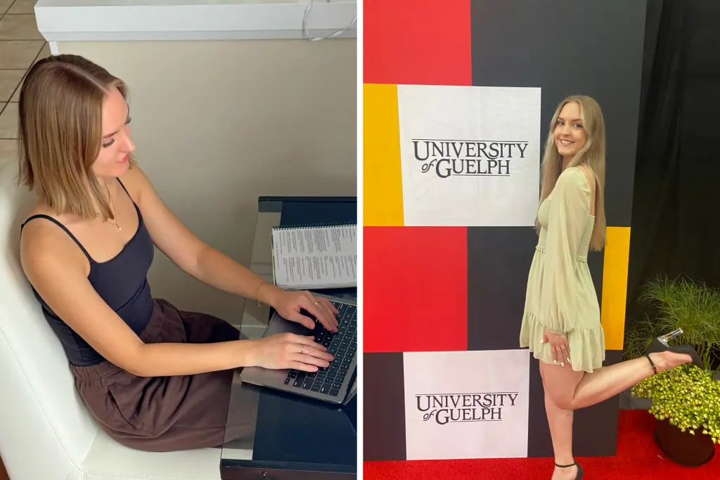 MacKenzie MacDougall studying on her laptop and celebrating her graduation from the University of Guelph.