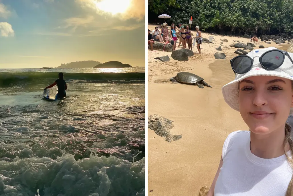 MacKenzie MacDougall enjoying outdoor adventures, including surfing at sunset and visiting a sea turtle conservation beach.