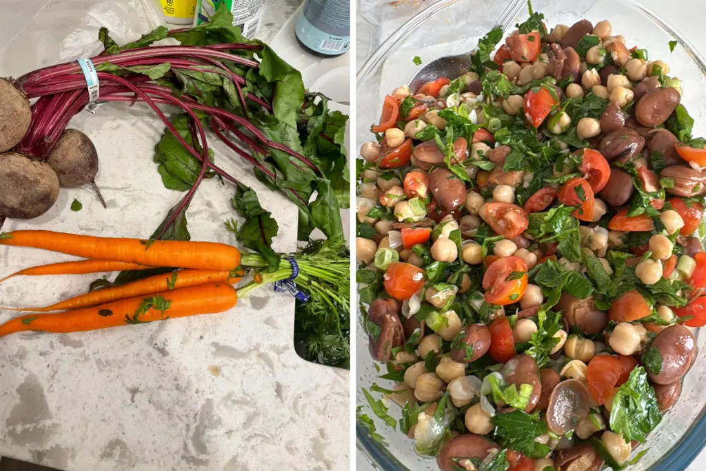 Fresh vegetables and a homemade chickpea, tomato, and olive salad prepared with wholesome ingredients.