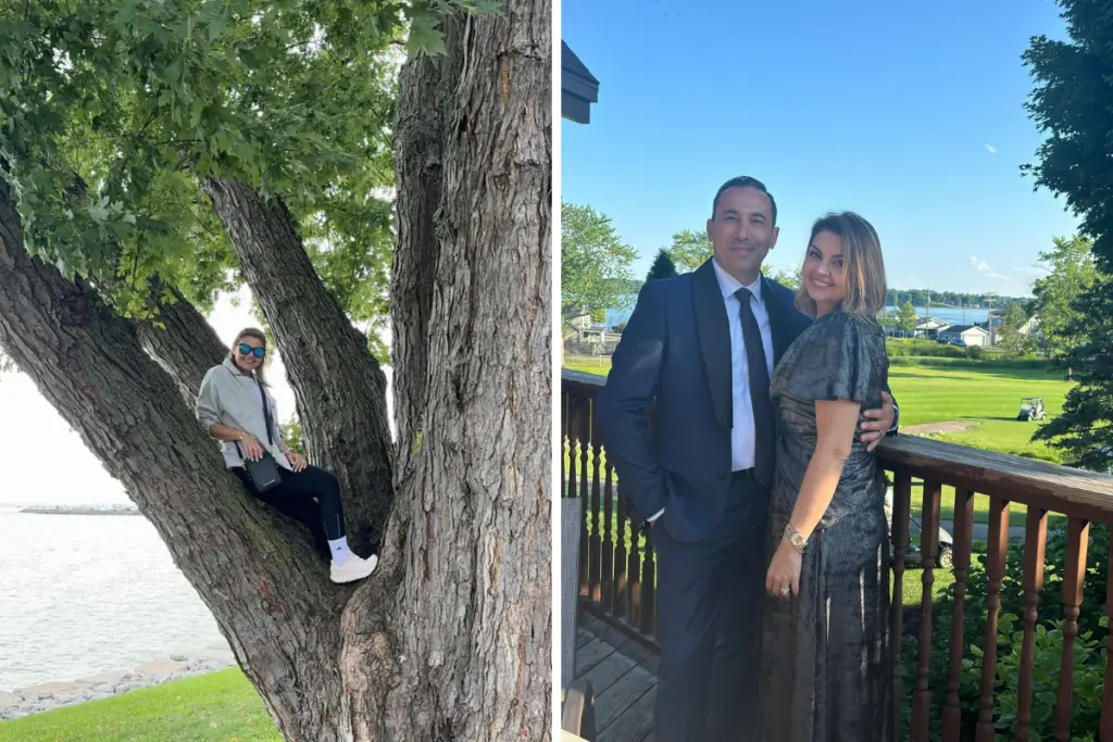 Ola Joha enjoying time outdoors by the water and posing with her husband at a family gathering.