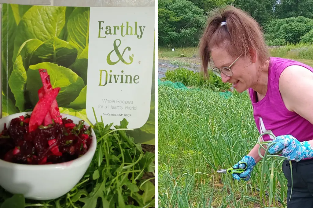 Rebecca Haywood showcasing a homemade vegetable dish and harvesting fresh garlic from a local farm garden.