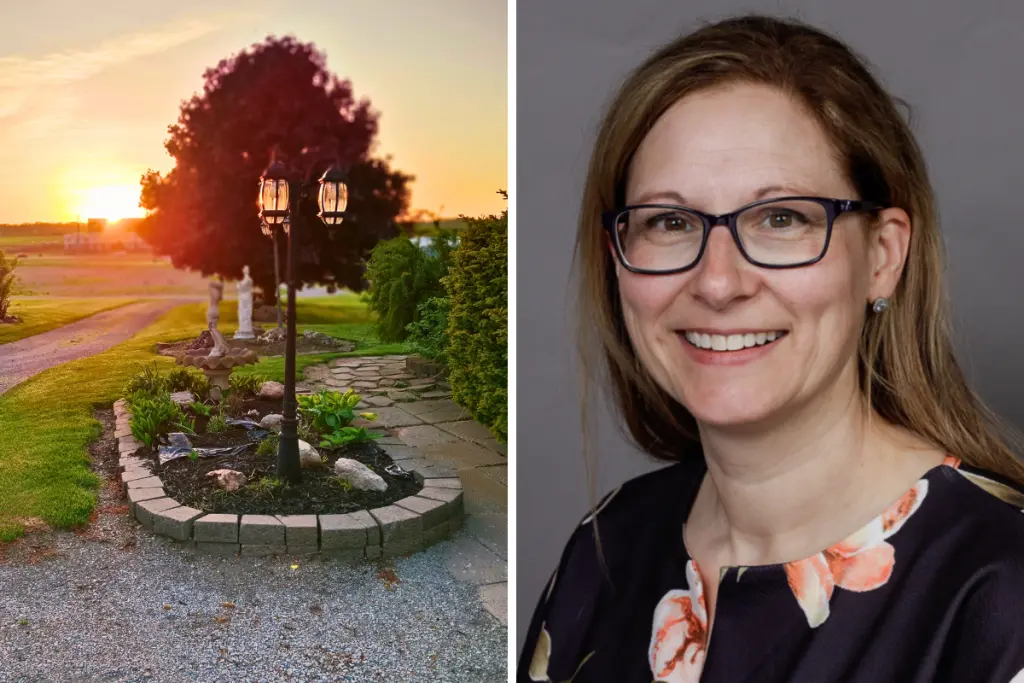 Scenic view of Rebecca Haywood’s countryside property alongside a professional portrait.