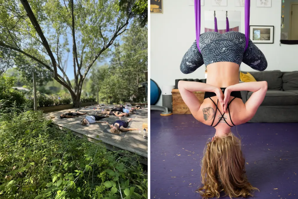 Sierra Day leading an outdoor yoga class and practicing aerial yoga in a wellness studio.
