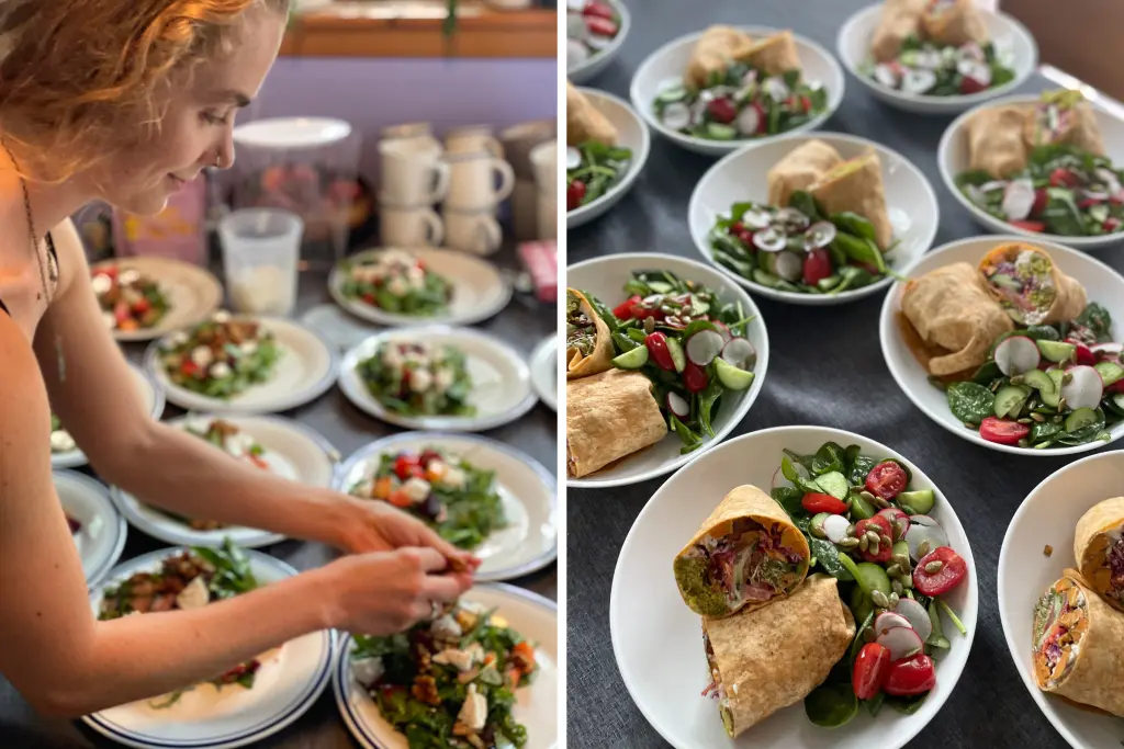Sierra Day preparing nutritious meals and plated wraps with fresh vegetable salads.