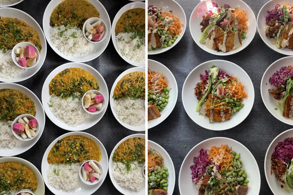 Assorted wholesome meals featuring vegetables, legumes, rice, and plant-based ingredients.