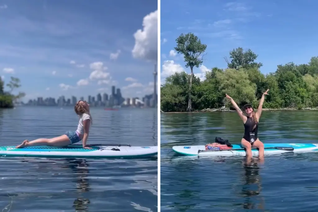 Sierra Day enjoying stand-up paddleboarding and practicing yoga on the water.