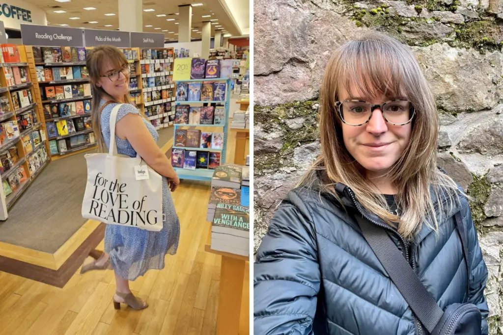 Taylor Bonin browsing books in a bookstore and exploring historic outdoor destinations while traveling.