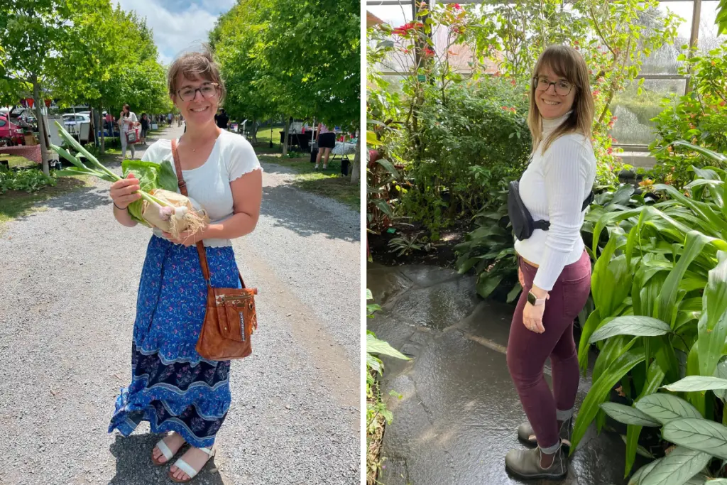 Taylor Bonin exploring a local farmers market and visiting a greenhouse filled with lush plants.