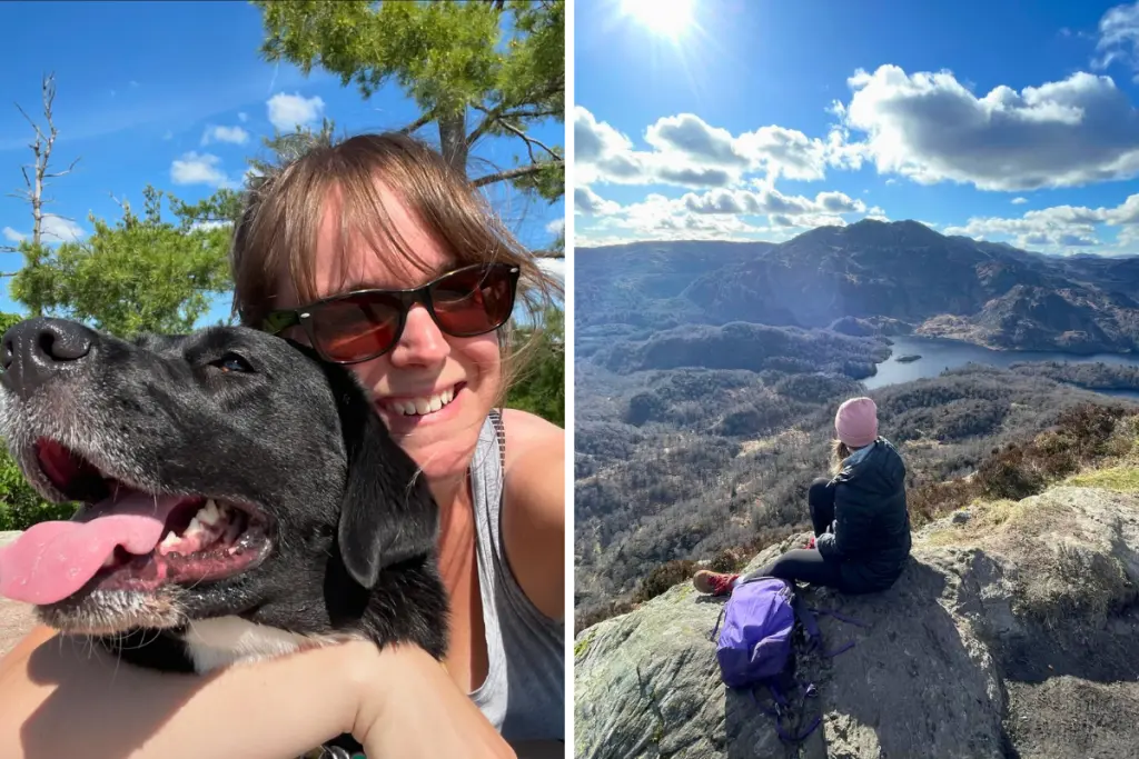 Taylor Bonin enjoying time outdoors with her dog and taking in mountain views during a hiking adventure.