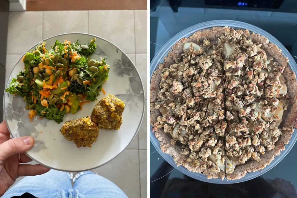Homemade healthy meal with a kale salad and vegetable fritters alongside a freshly baked fruit crumble pie.
