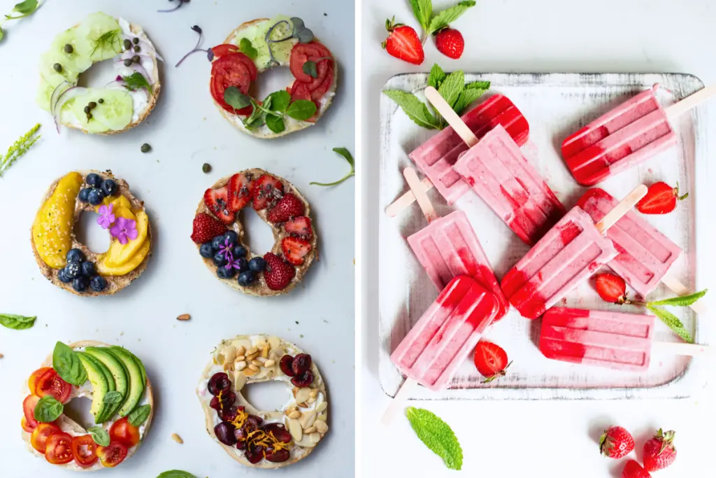 Colourful healthy bagel creations topped with fruits and vegetables alongside homemade strawberry popsicles.