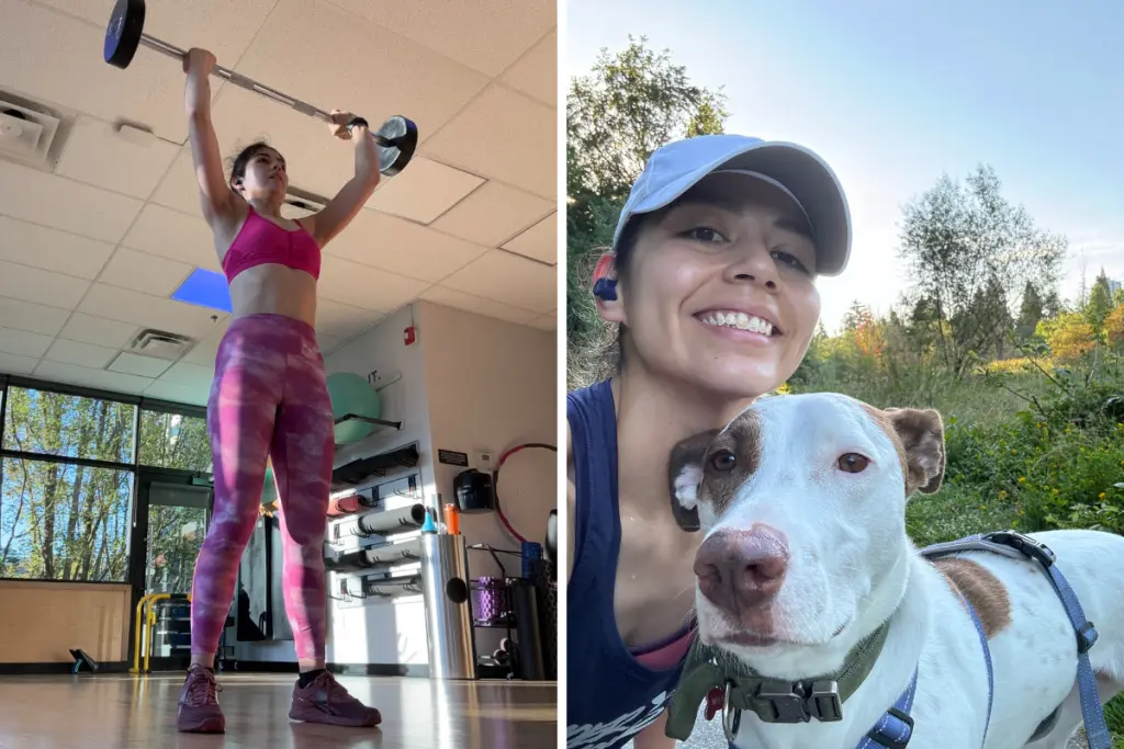 Ximena Vidaurre Leyva strength training at the gym and spending time outdoors with her dog.