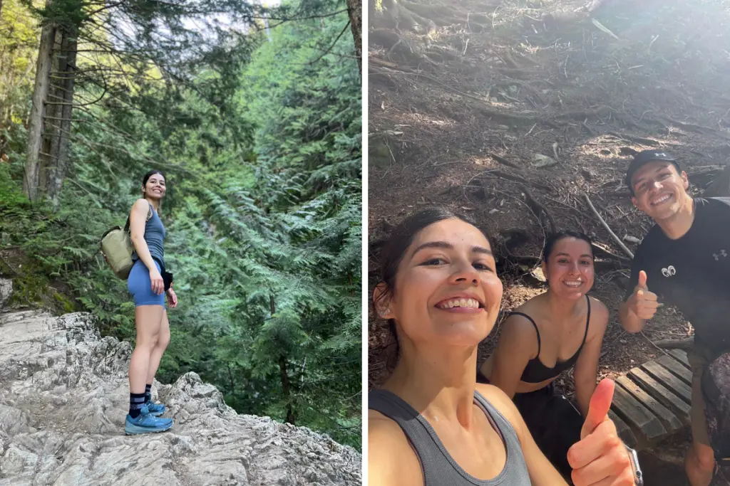 Ximena Vidaurre Leyva hiking through a lush forest trail and enjoying time outdoors with friends.