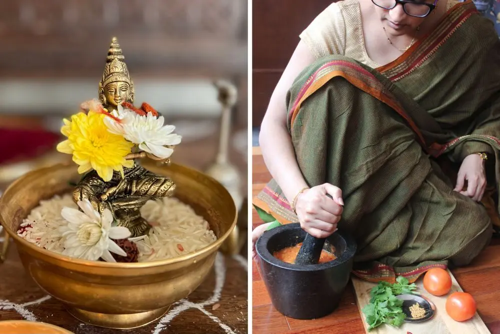 Traditional South Indian cultural display with flowers and Anupama Kakarala preparing fresh ingredients using a mortar and pestle.
