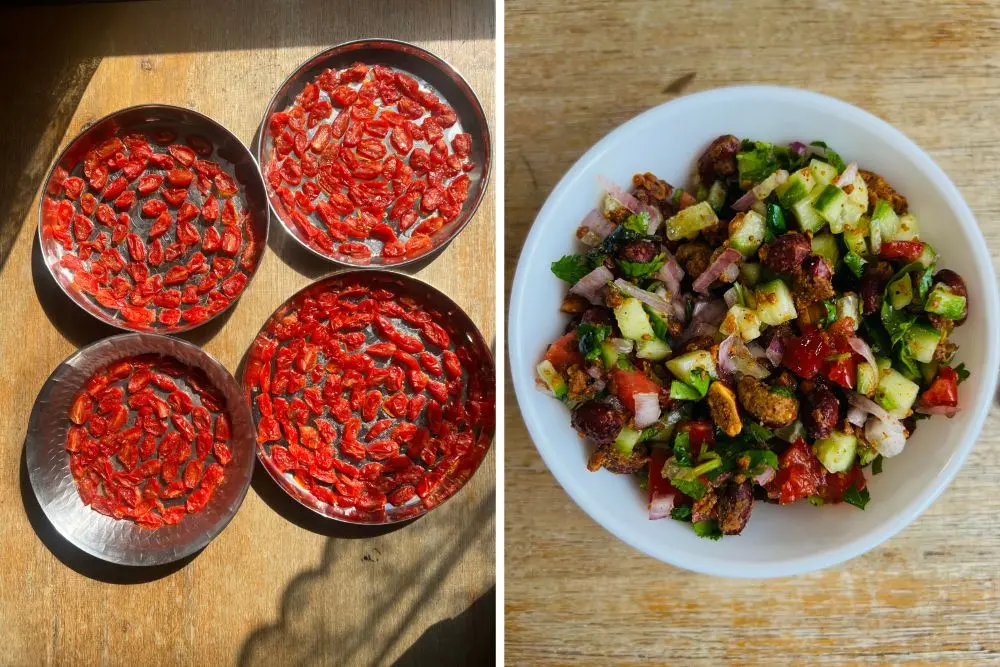 Sun-dried tomatoes and a colorful homemade vegetable dish prepared with fresh ingredients and traditional cooking inspiration.
