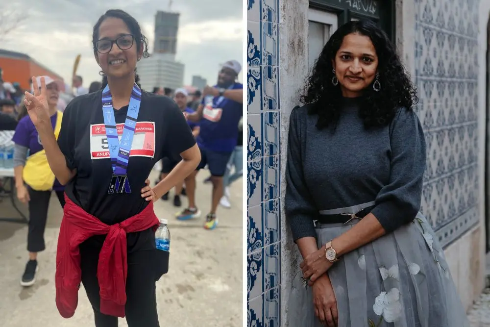 Anupama Kakarala celebrating after completing a marathon, alongside a portrait capturing her personal style and everyday moments.