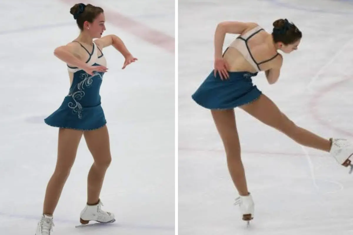 Breleigh Loader performing a figure skating routine on the ice during a competition before pursuing holistic nutrition.