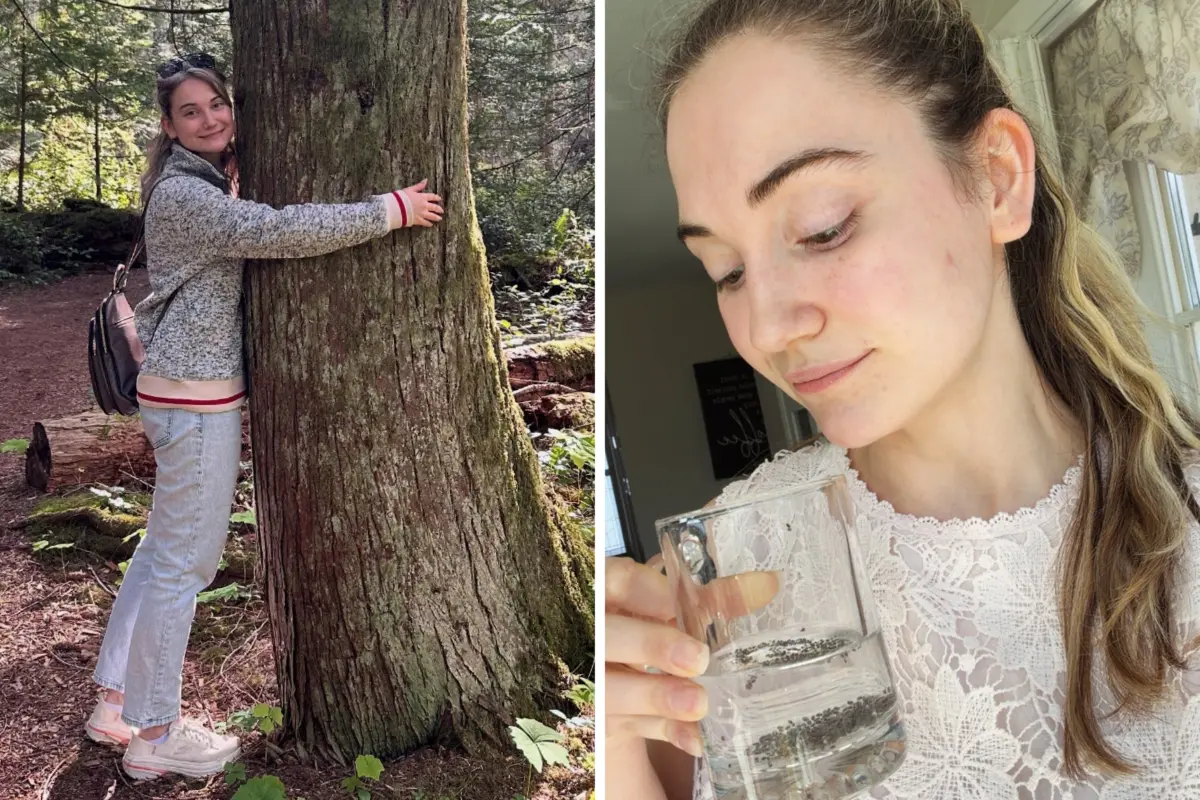 Breleigh Loader spending time in nature and drinking chia-infused water as part of her holistic wellness routine.