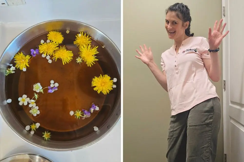 Fresh wildflowers floating in water beside Jennifer Kalynchuk smiling indoors after a day on the farm.