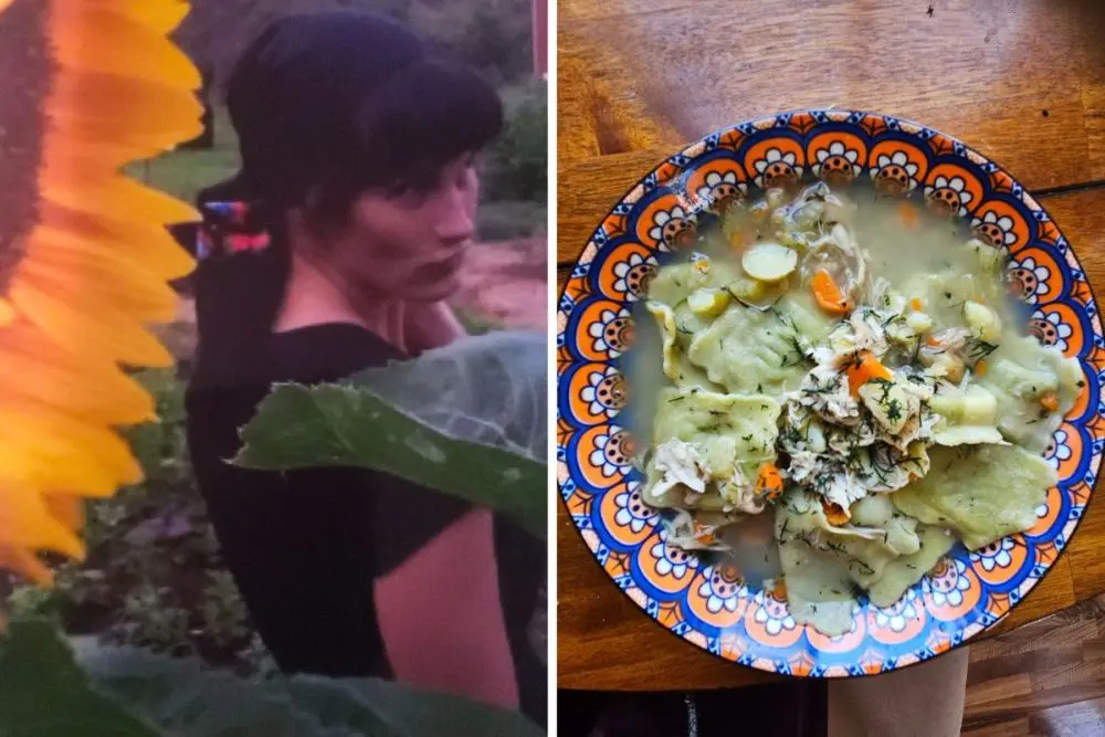 Jennifer Kalynchuk enjoying time in the garden near sunflowers, paired with a homemade meal prepared with fresh ingredients.