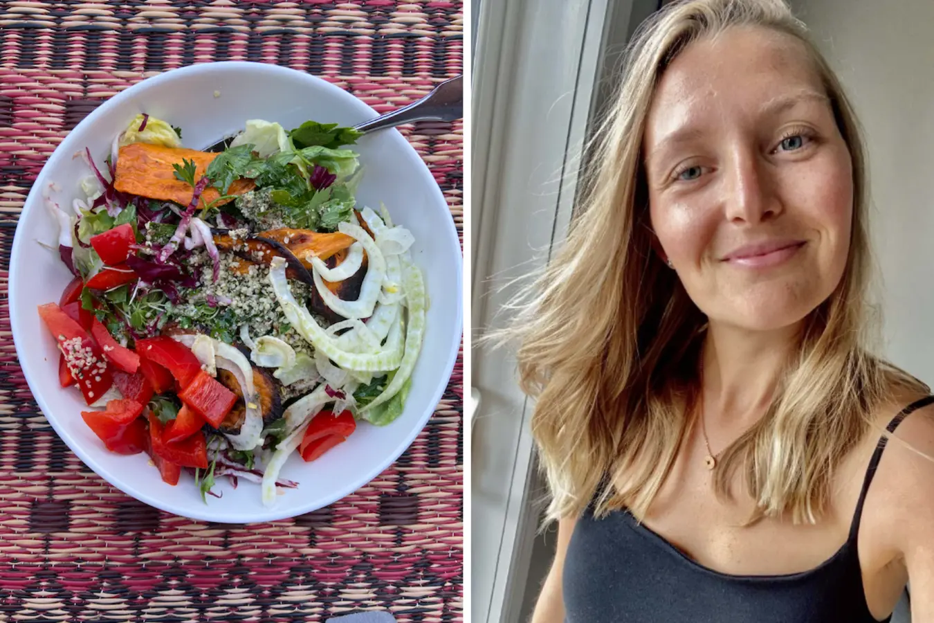 Fresh colorful plant-based meal alongside a portrait of holistic nutrition practitioner Vanessa Goll