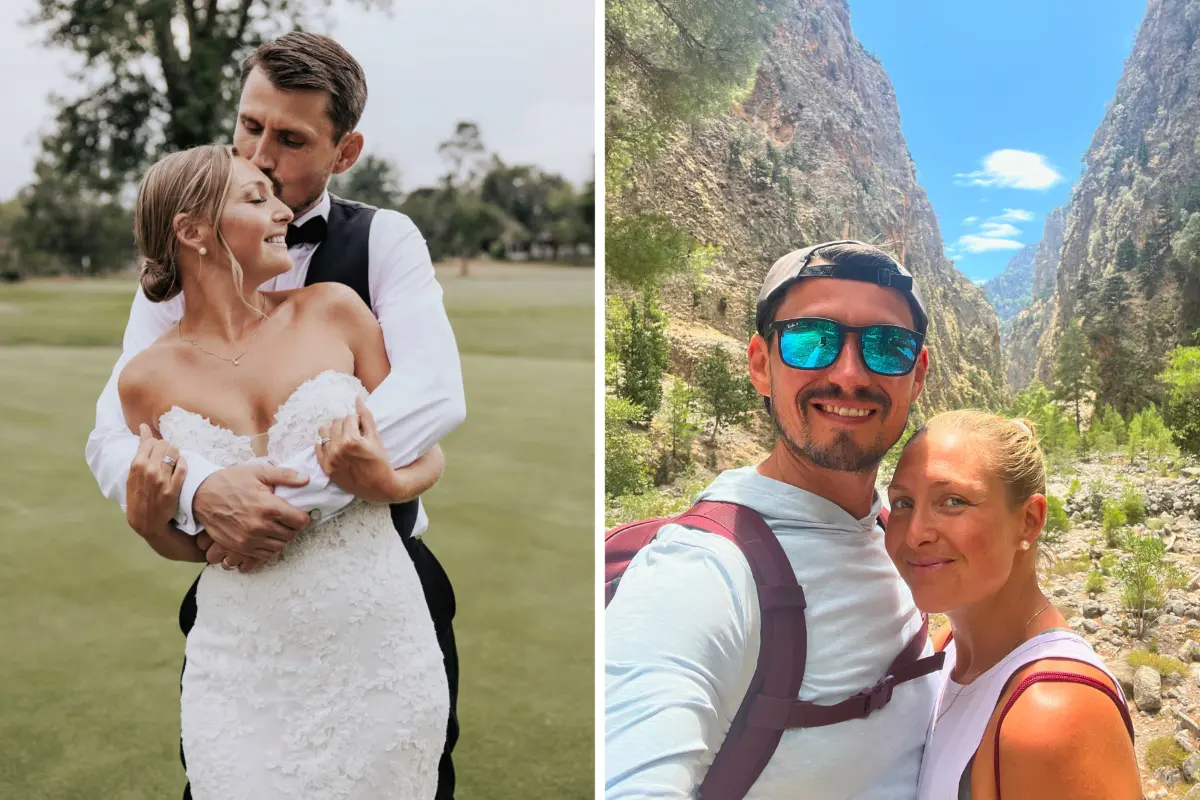 Vanessa Goll with her partner celebrating marriage and enjoying an outdoor hiking adventure in nature